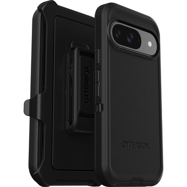 OtterBox Google Pixel 9 &amp; 9 Pro Defender Series Case - BLACK, rugged &amp; durable, with port protection, includes holster clip kickstand (Ships in Polybag)