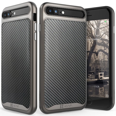 VENA iPhone 8 Plus Leather Case, [vLuxe][Carbon Fiber Leather Back   Metallized Button] Slim Protective Cover for Apple iPhone 8 Plus/iPhone 7 Plus (4.7&quot;) (Black/Space Gray)