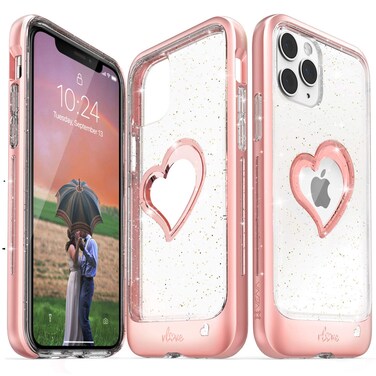 VENA vLove Glitter Clear Case Compatible with Apple iPhone 11 Pro (5.8"-inch 2019), Heart Shape (CornerGuard Protection) Dual Layer Slim Hybrid Clear Bumper Case Cover - Rose Gold