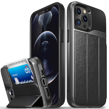 VENA vCommute Wallet Case Compatible with Apple iPhone 12 Pro Max (6.7"-inch), (Military Grade Drop Protection) Flip Leather Cover Card Slot Holder with Kickstand - Space Gray