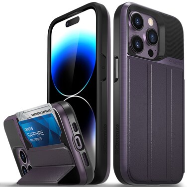 VENA vCommute Wallet Case Compatible with Apple iPhone 14 Pro (6.1"), (Military Grade Drop Protection) Flip Leather Cover Card Slot Holder with Kickstand - Deep Purple/Black
