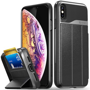 VENA iPhone Xs Max Wallet Case, vCommute (Military Grade Drop Protection) Flip Leather Cover Card Slot Holder with Kickstand Designed for Apple iPhone Xs Max - Space Gray