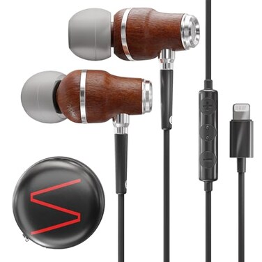 Symphonized iPhone Earphones Wired Deep Bass Sound, 3D Sound, Microphone Volume Control, 90% Noise Cancelling, Bubinga Wooden with Lightning (Apple MFI Certified), iPhone SE to 14 Earbuds (Black)