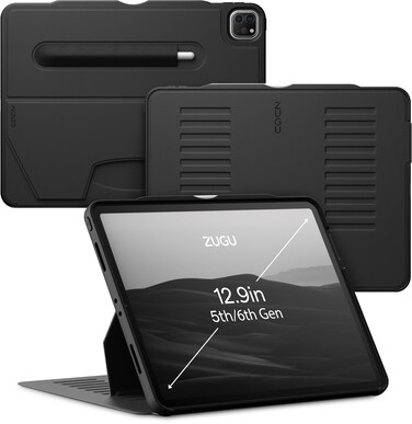 ZUGU Case for iPad Pro 12.9 Case, 5th / 6th Generation Case 2021/2022, Slim Protective Cover with Wireless Apple Pencil Charging, Magnetic Stand &amp; Sleep/Wake Magnetic Cover, Stealth Black