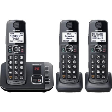 Panasonic DECT 6.0 Expandable Cordless Phone System with Answering Machine and Call Blocking - 3 Handsets - KX-TGE633M (Metallic Black)
