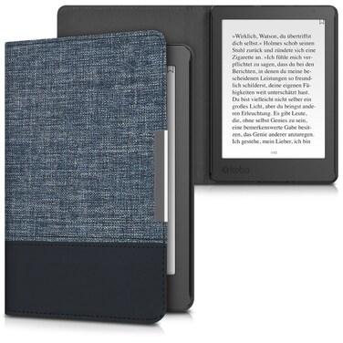 kwmobile Case Compatible with Kobo Aura Edition 2 - PU Leather and Canvas e-Reader Cover - Dark Blue/Black