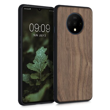 kwmobile Real Wood Case Compatible with OnePlus 7T Case - Hard Wooden Cover w/TPU Bumper - Dark Brown