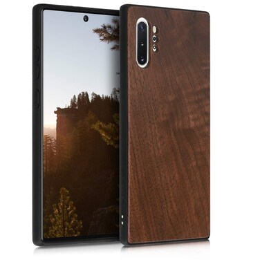 kwmobile Real Wood Case Compatible with Samsung Galaxy Note 10 Plus Case - Hard Wooden Cover w/TPU Bumper - Dark Brown