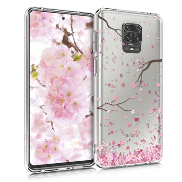 kwmobile Clear Case Compatible with Xiaomi Redmi Note 9S / 9 Pro / 9 Pro Max - Phone Case Soft TPU Cover - Cherry Blossoms Pink/Dark Brown/Transparent