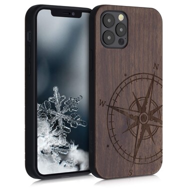 kwmobile Wood Case Compatible with Apple iPhone 12 / iPhone 12 Pro Case - Cover - Navigational Compass Dark Brown