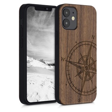 kwmobile Wood Case Compatible with Apple iPhone 12 Mini Case - Cover - Navigational Compass Dark Brown