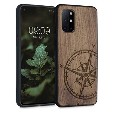 kwmobile Wood Case Compatible with OnePlus 8T Case - Cover - Navigational Compass Dark Brown
