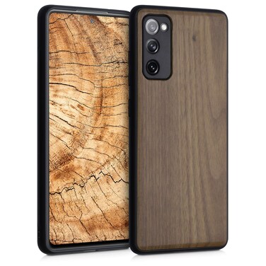 kwmobile Real Wood Case Compatible with Samsung Galaxy S20 FE Case - Hard Wooden Cover w/TPU Bumper - Dark Brown