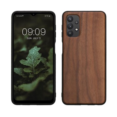 kwmobile Real Wood Case Compatible with Samsung Galaxy A32 5G Case - Hard Wooden Cover w/TPU Bumper - Dark Brown