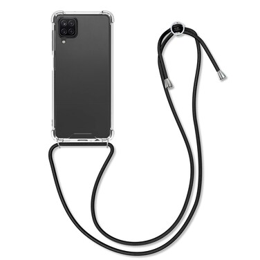 kwmobile Crossbody Case Compatible with Samsung Galaxy A12 Case - Clear TPU Phone Cover w/Lanyard Cord Strap - Black/Transparent