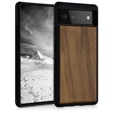 kwmobile Real Wood Case Compatible with Google Pixel 6 Case - Hard Wooden Cover w/TPU Bumper - Dark Brown