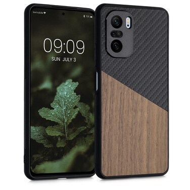 kwmobile Case Compatible with Xiaomi Mi 11i / Poco F3 - Hard Phone Cover with TPU Bumper and Wood/Carbon Back - Dark Brown