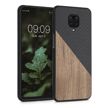 kwmobile Case Compatible with Xiaomi Redmi Note 9S / 9 Pro / 9 Pro Max - Hard Phone Cover with TPU Bumper and Wood/Carbon Back - Dark Brown