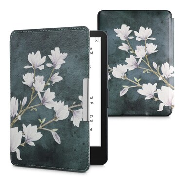 kwmobile Case Compatible with Amazon Kindle Paperwhite Case - PU Cover w/Strap - Magnolias Taupe/White/Blue Grey