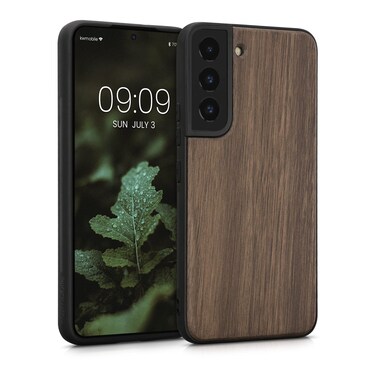 kwmobile Real Wood Case Compatible with Samsung Galaxy S22 Case - Hard Wooden Cover w/TPU Bumper - Dark Brown
