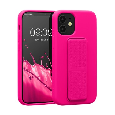 kwmobile Case Compatible with Apple iPhone 12 Mini - Case with Hand Strap and Stand Soft TPU Silicone Coating - Neon Pink