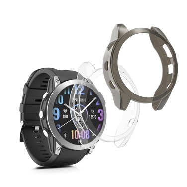 kwmobile Frame Cover Compatible with Garmin Fenix 7 Cover (2-Pack) - Clear Silicone Case - Black/Transparent