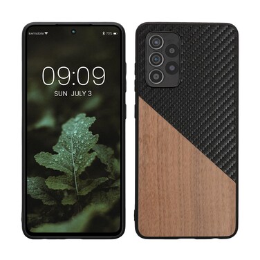 kwmobile Case Compatible with Samsung Galaxy A52 / A52 5G / A52s 5G - Hard Phone Cover with TPU Bumper and Wood/Carbon Back - Dark Brown/Black