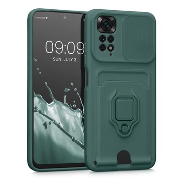 kwmobile Plastic Case Compatible with Xiaomi Redmi Note 11 / Note 11S - Case with Metal Stand Card Slot Finger Holder - Moss Green