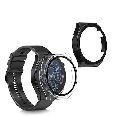 kwmobile Cover Comaptible with Huawei Watch GT3 Pro (46mm) Covers - 2X Tempered Glass with Plastic Frame - Black/Transparent