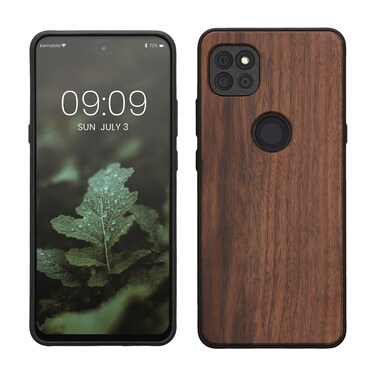 kwmobile Real Wood Case Compatible with Motorola One 5G Ace Case - Hard Wooden Cover w/TPU Bumper - Dark Brown