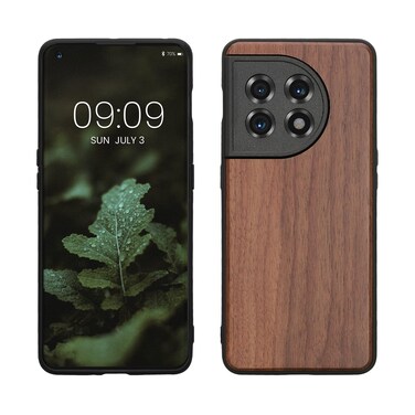 kwmobile Real Wood Case Compatible with OnePlus 11 Case - Hard Wooden Cover w/TPU Bumper - Dark Brown