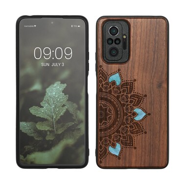 kwmobile Wood Case Compatible with Xiaomi Redmi Note 10 Pro Case - Cover - Rising Sun Mother of Pearl Dark Brown