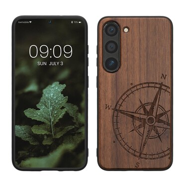 kwmobile Wood Case Compatible with Samsung Galaxy S23 Case - Cover - Navigational Compass Dark Brown