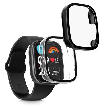 kwmobile Cover Comaptible with Xiaomi Redmi Watch 3 Active/Redmi Watch 3 Lite Covers - 2X Tempered Glass with Plastic Frame - Transparent/Black