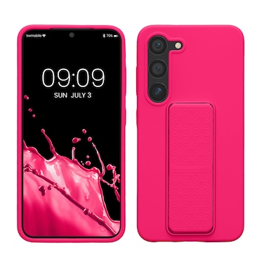 kwmobile Case Compatible with Samsung Galaxy S23 - Case with Hand Strap and Stand Soft TPU Silicone Coating - Neon Pink