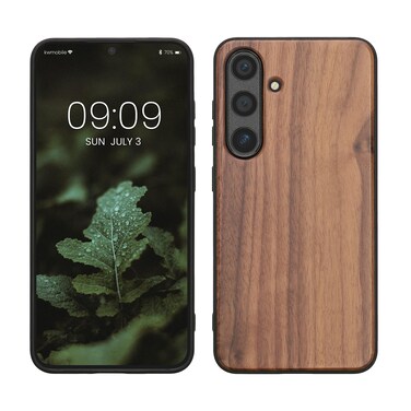 kwmobile Real Wood Case Compatible with Samsung Galaxy S24 Case - Hard Wooden Cover w/TPU Bumper - Dark Brown