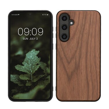 kwmobile Real Wood Case Compatible with Samsung Galaxy S23 FE Case - Hard Wooden Cover w/TPU Bumper - Dark Brown