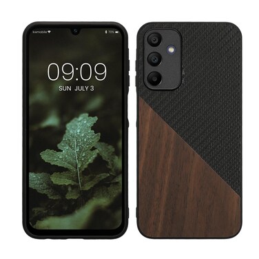 kwmobile Case Compatible with Samsung Galaxy A15 5G - Hard Phone Cover with TPU Bumper and Wood/Carbon Back - Dark Brown/Black