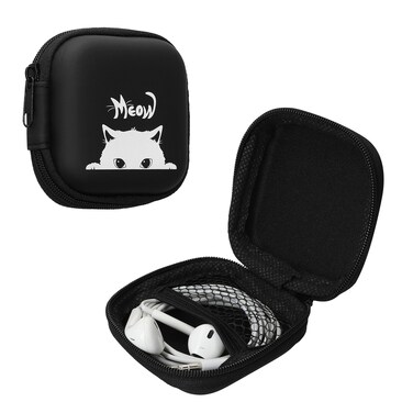kwmobile Carrying Case for Earphones - Square Design with Zipper for in-Ear Headphones Earbuds - Grey/Black, Meow Cat