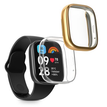 kwmobile Case Compatible with Xiaomi Redmi Watch 3 Active Case - 2X TPU Silicone Fitness Tracker Cover - Transparent/Gold