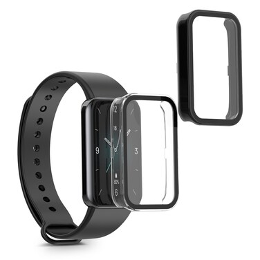 kwmobile Cover Comaptible with Honor Band 9 Covers - 2X Tempered Glass with Plastic Frame - Transparent/Black