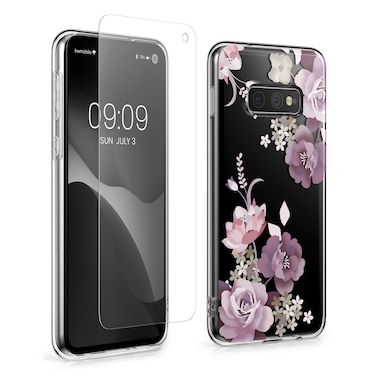 kwmobile Clear Case and Screen Protector Compatible with Samsung Galaxy S10e Case - Flower Bouquets Pastel Purple/Transparent