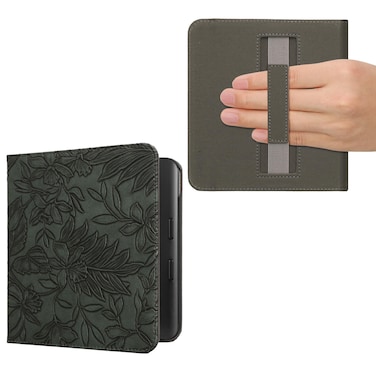kwmobile Case Compatible with Kobo Libra Colour Case - PU Cover w/Strap - Embossing Flowers Green