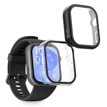 kwmobile Cover Comaptible with Huawei Watch Fit 3 Covers - 2X Tempered Glass with Plastic Frame - Transparent/Black