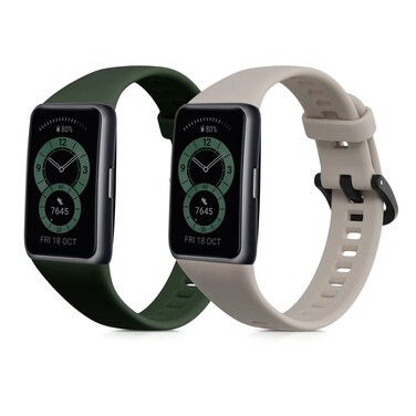 kwmobile Straps Compatible with Huawei Band 6 Straps - 2x Replacement Silicone Watch Bands - Dark Green/Beige