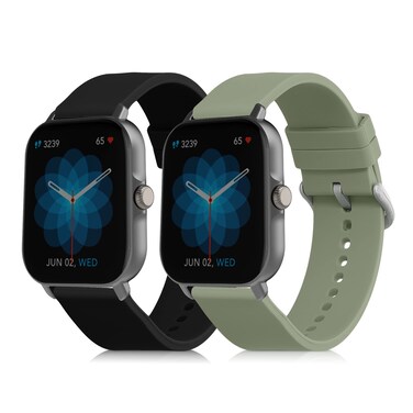 kwmobile Straps Compatible with Huami Amazfit GTS/GTS 2 / GTS 2e / GTS 3 Straps - 2x Replacement Silicone Watch Bands - Black/Pastel Green