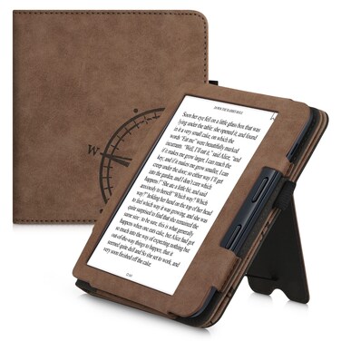 kwmobile Case Compatible with Kobo Libra 2 - Synthetic Suede Cover - Navigational Compass Brown