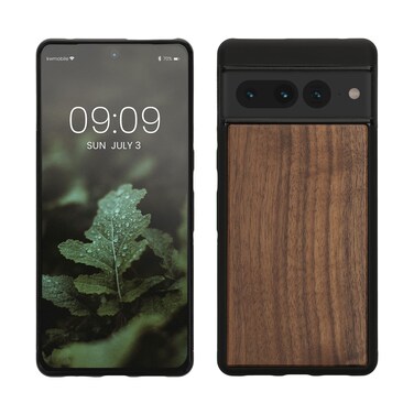 kwmobile Real Wood Case Compatible with Google Pixel 7 Pro Case - Hard Wooden Cover w/TPU Bumper - Dark Brown
