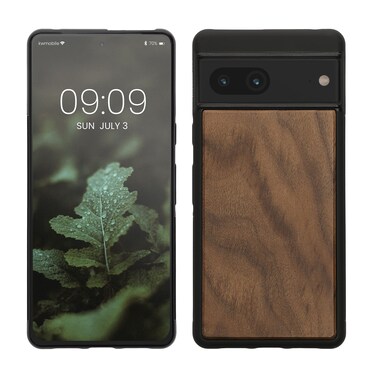 kwmobile Real Wood Case Compatible with Google Pixel 7 Case - Hard Wooden Cover w/TPU Bumper - Dark Brown