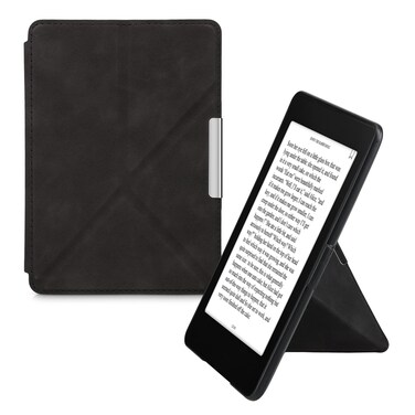 kwmobile Origami Case Compatible with Amazon Kindle Paperwhite - Faux Nubuck Leather Cover with Magnet and Stand - Black
